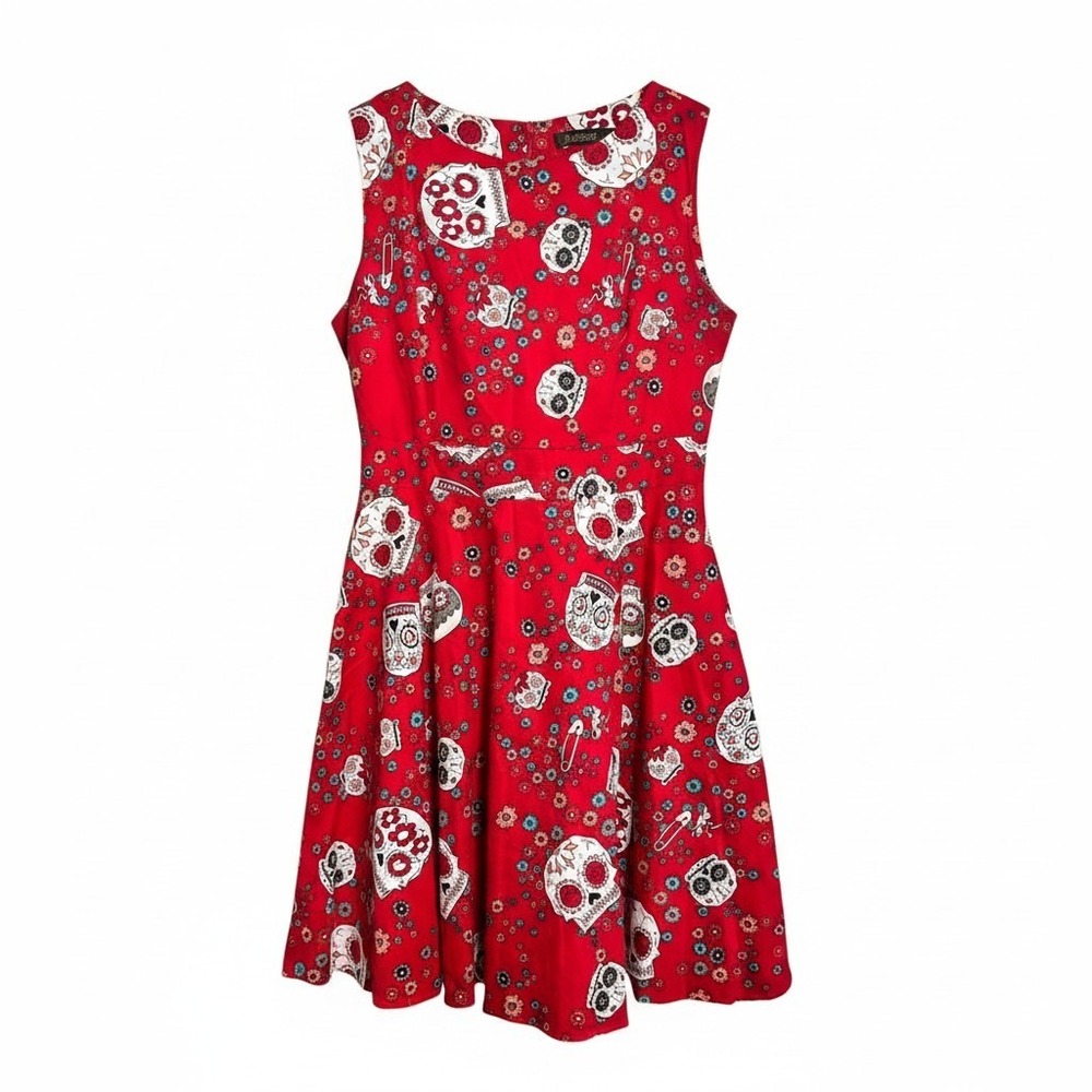 iHot Womens Red Sugar Skull Floral Fit and Flare Rockabilly Dress Sleeveless XL